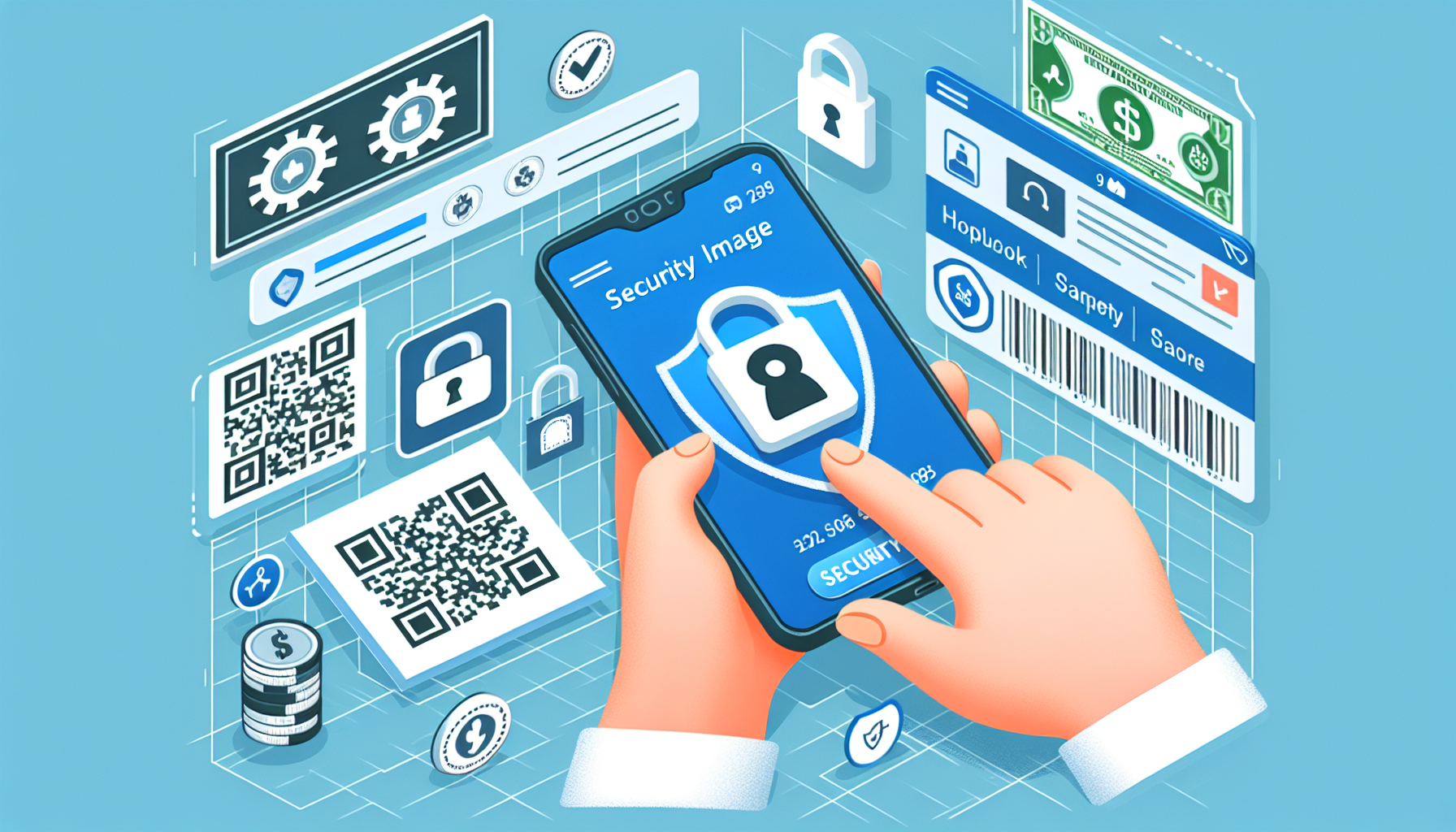 スマートフォンでQRコードを読み取ってデジタル抽選に参加している利用者と、セキュリティのイメージアイコンが表示された画面