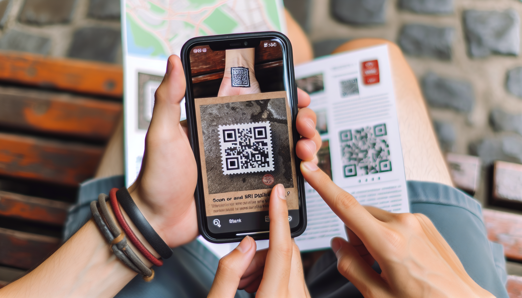 スマートフォンでQRコードを読み取りデジタルスタンプを獲得している観光客の手元
