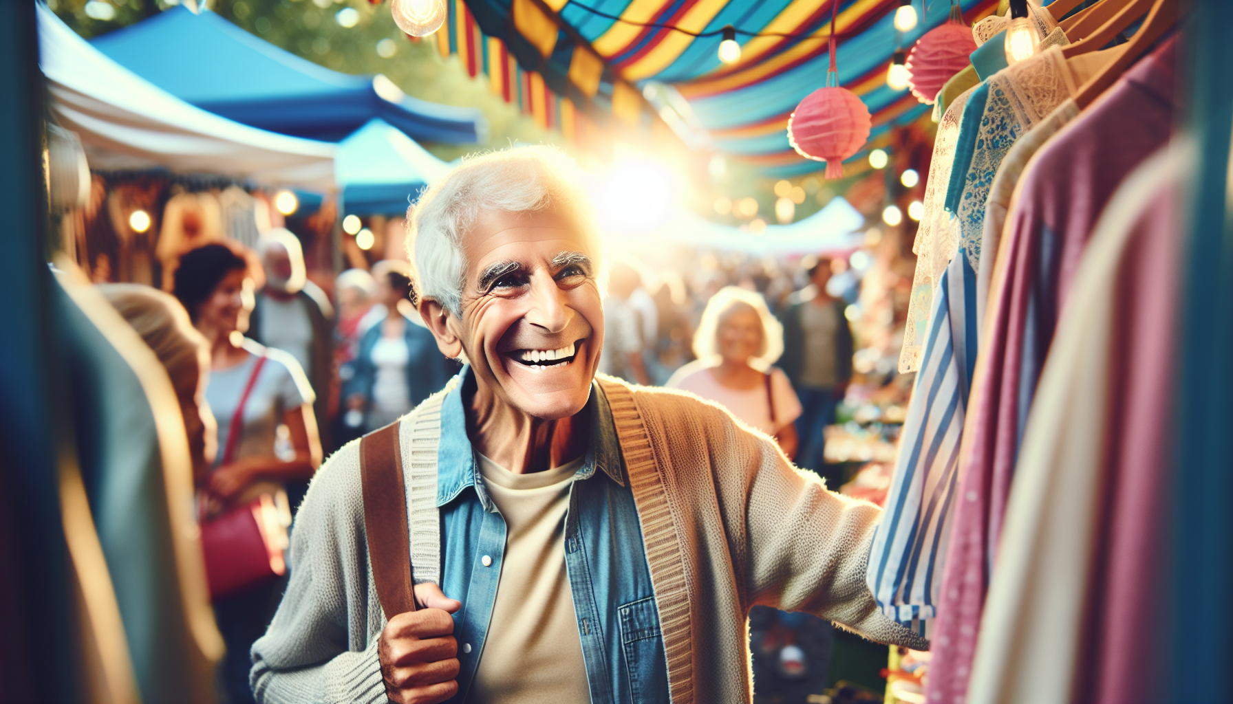 商店街のイベントで笑顔で買い物をする高齢者の様子