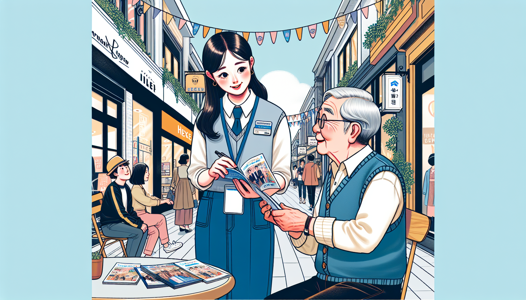 商店街のイベントスタッフが高齢者に優しく説明している様子