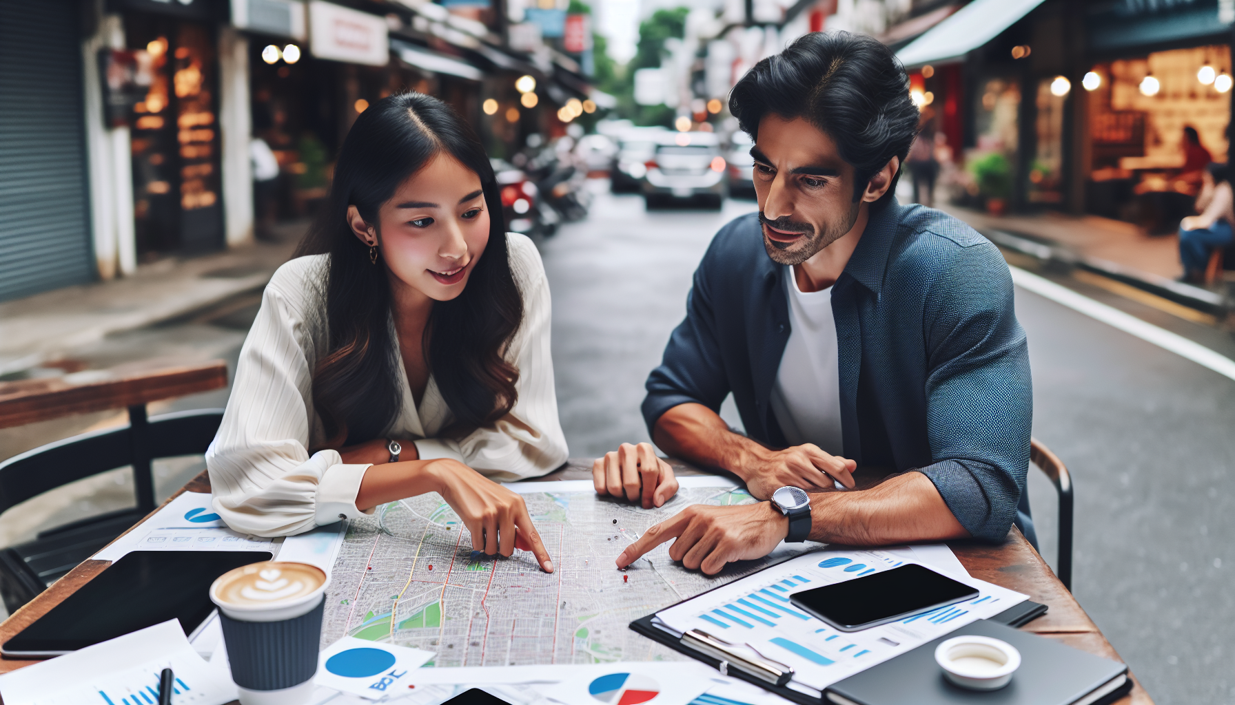 商店街のイベント企画会議で地図を広げて打ち合わせをしている様子