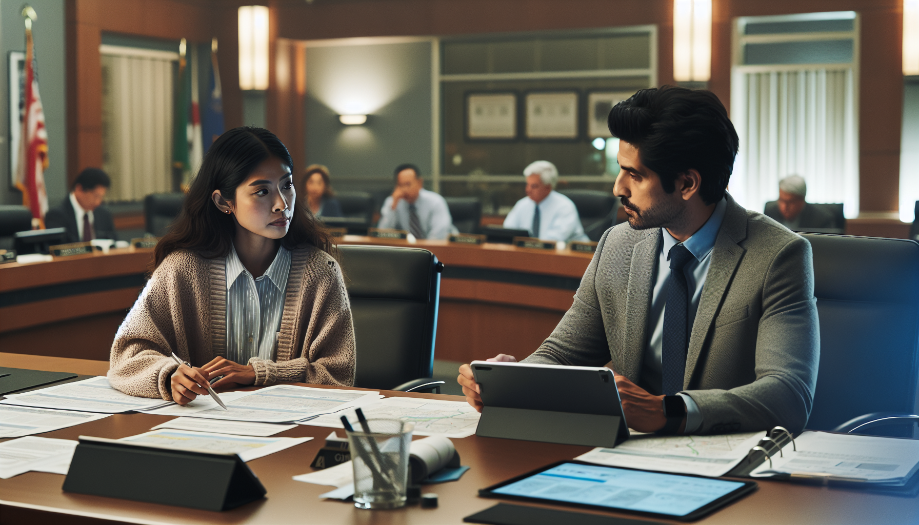 自治体の会議室で議会報告用の資料とタブレットを前に打ち合わせをする職員の様子