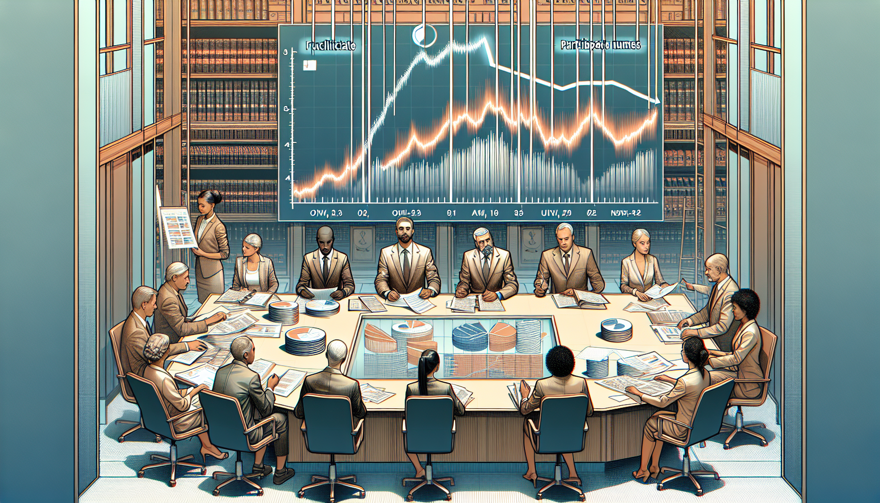 議会報告資料に掲載するグラフやデータを整理している様子、参加者数の推移グラフと満足度調査結果