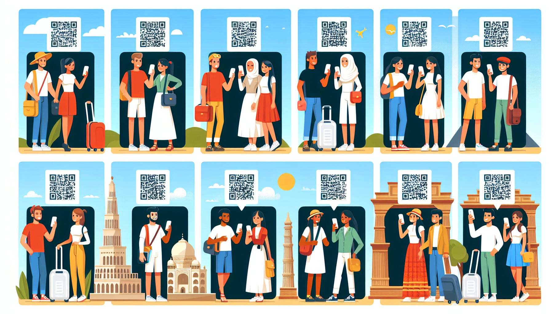 観光スポットを巡る参加者がスマートフォンでQRコードをスキャンしている様子