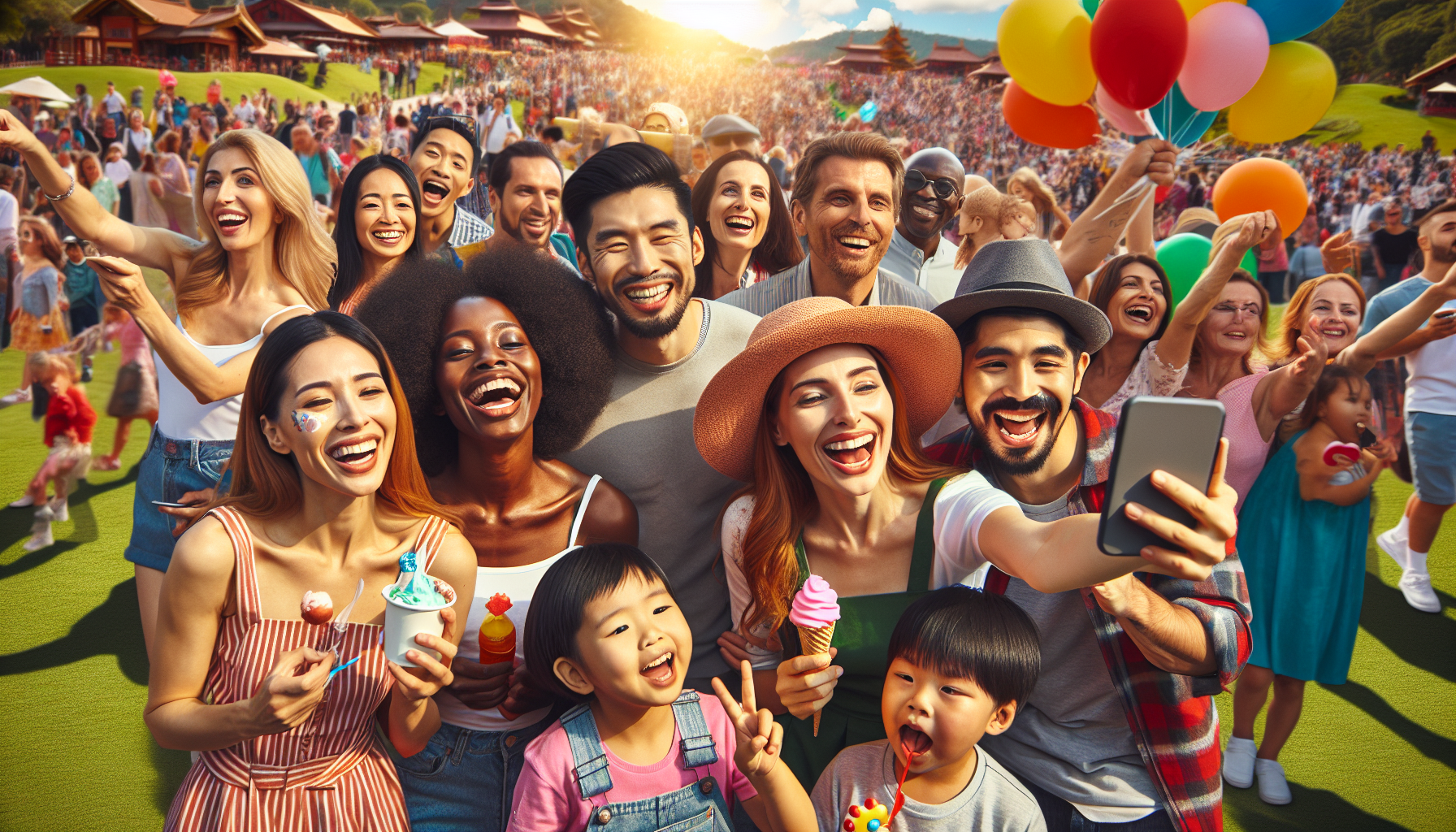 観光地で大勢の参加者が楽しそうにイベントに参加している風景