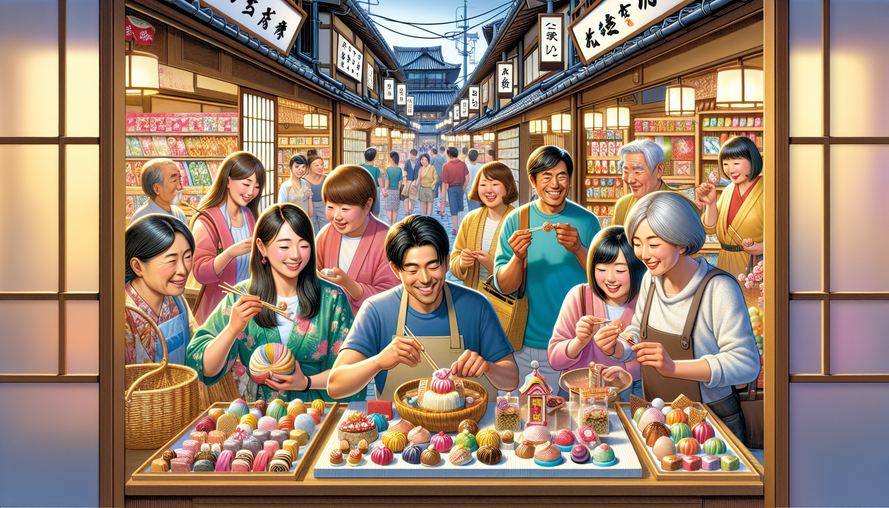 商店街の和菓子店で外国人観光客が和菓子作り体験をしている様子