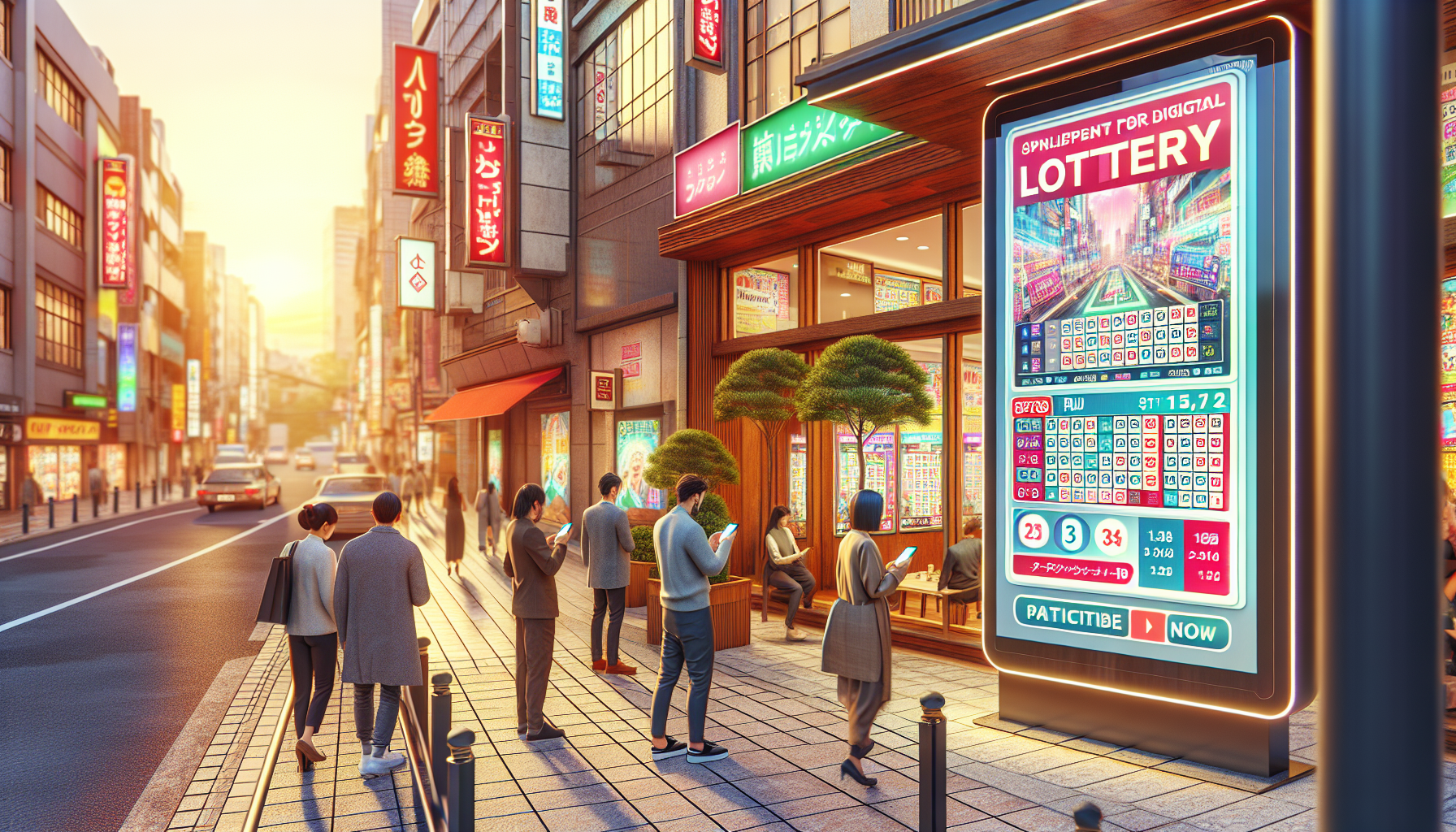商店街の店舗にデジタルくじのポスターが掲示され、来店客がスマートフォンで参加している風景