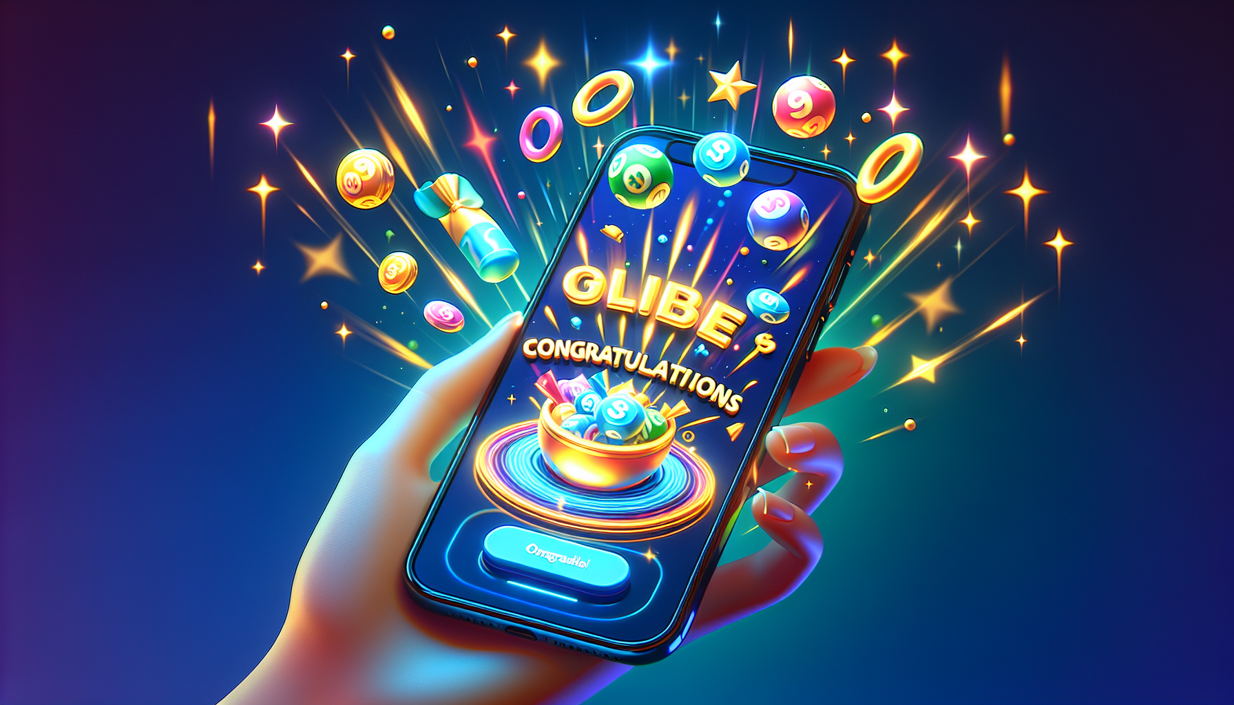 スマートフォンの画面に表示された華やかなデジタルくじの当選演出アニメーション