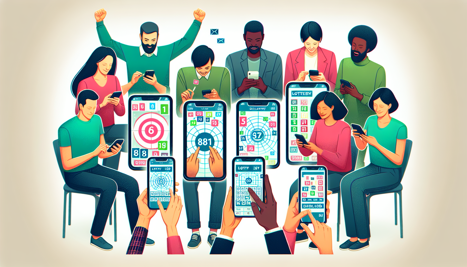スマートフォンでデジタルくじを楽しむ複数の参加者の手元