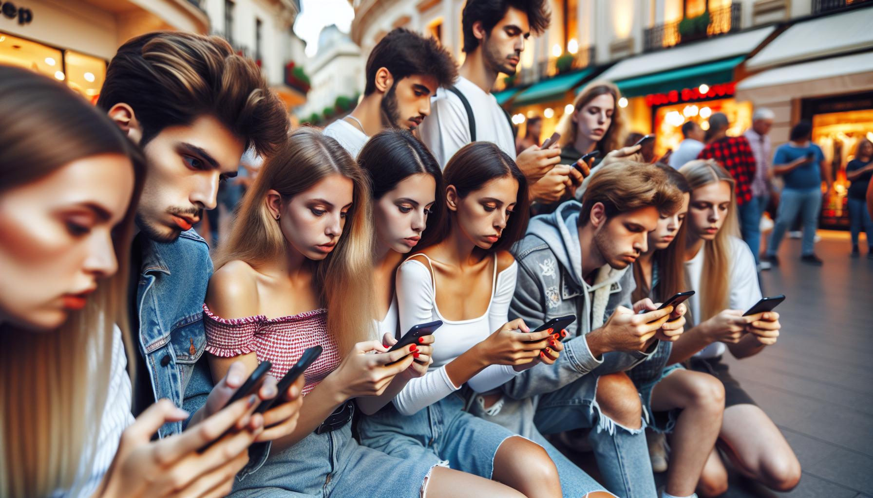 商店街でスマートフォンを使って電子くじに参加する若者のグループ