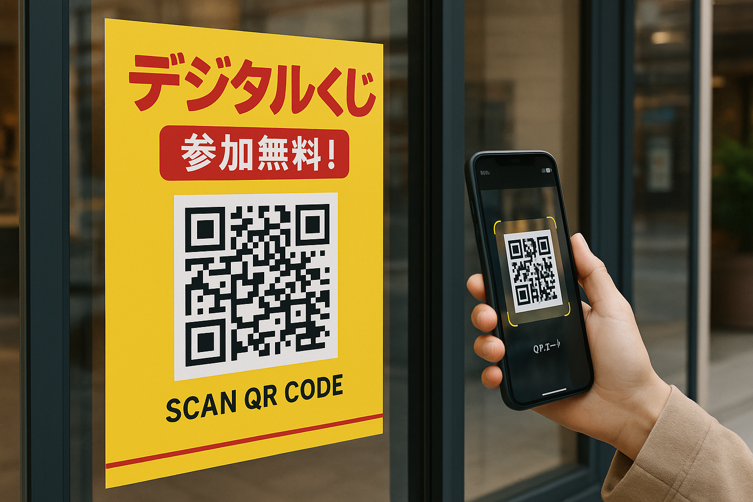 店頭に設置されたデジタルくじのQRコード付きポスターと、それをスマホで読み取る人