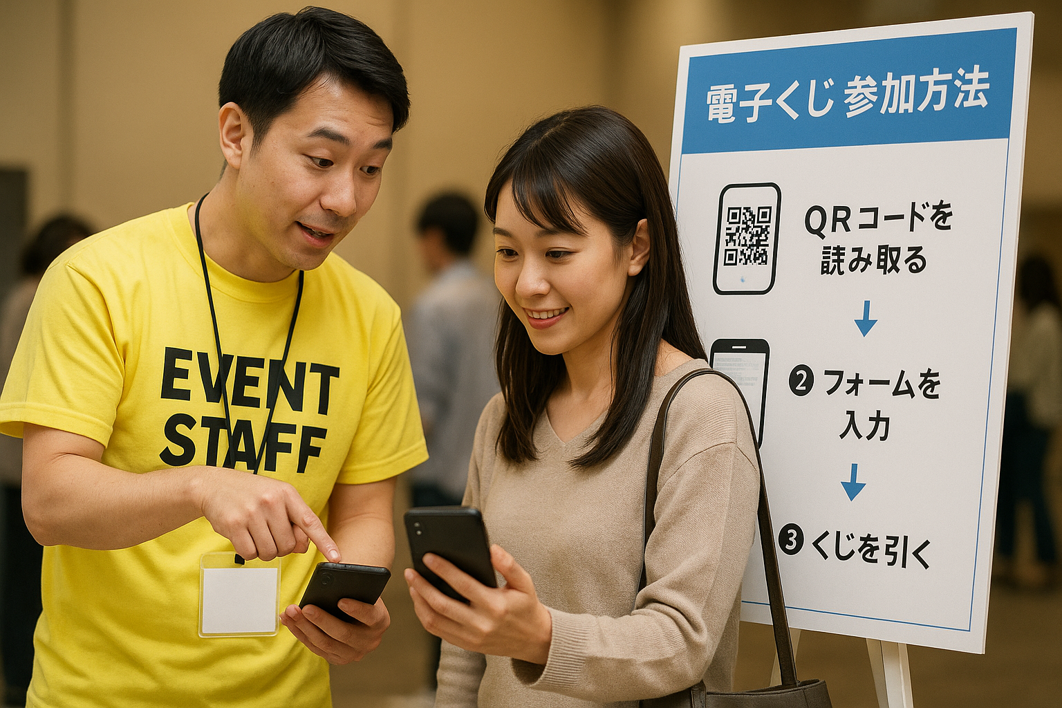 イベントスタッフが来場者にスマートフォンでの電子くじ参加方法を案内している場面