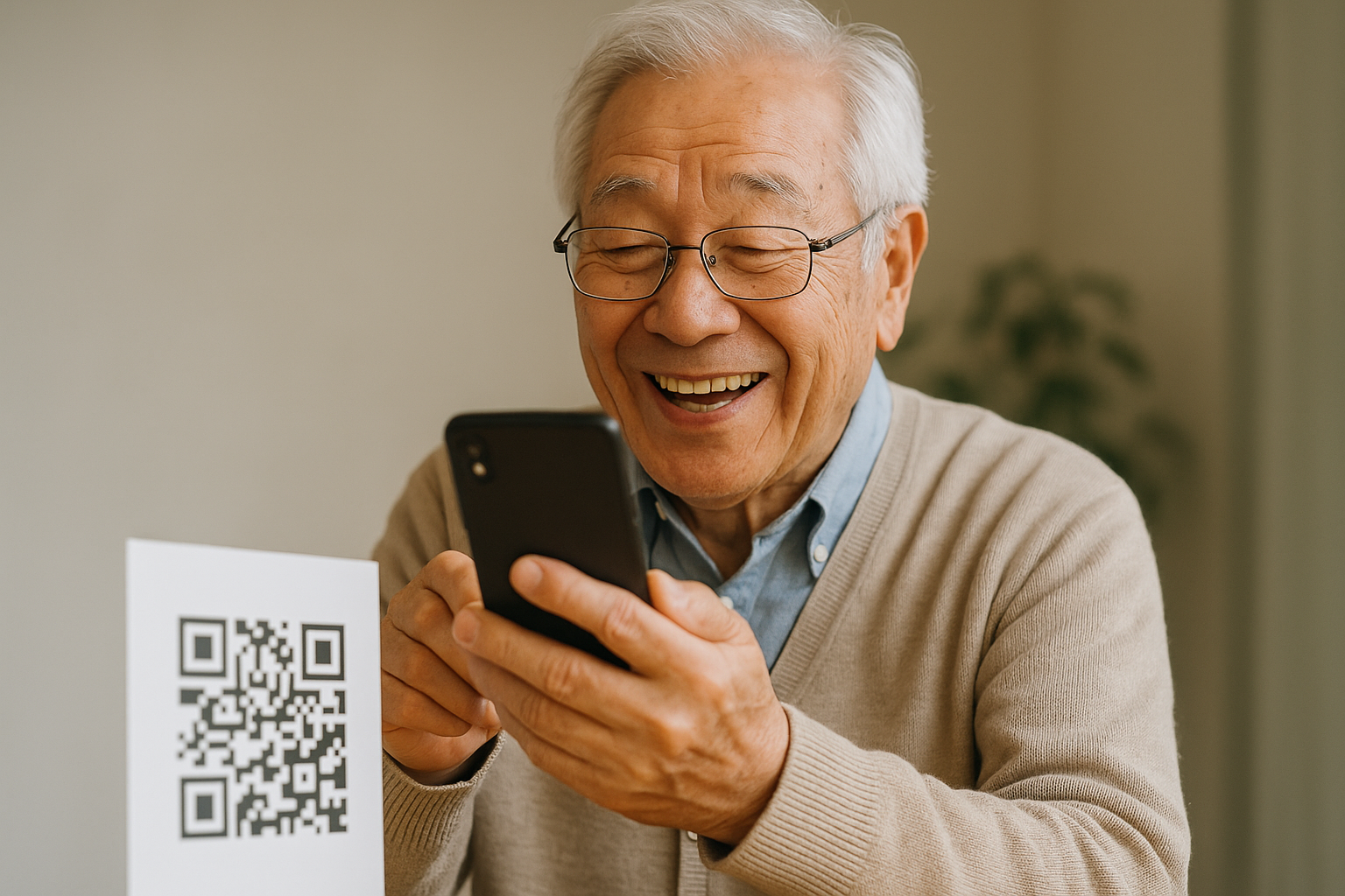 高齢者がスマートフォンを使ってQRコードを読み取り、笑顔で参加している様子
