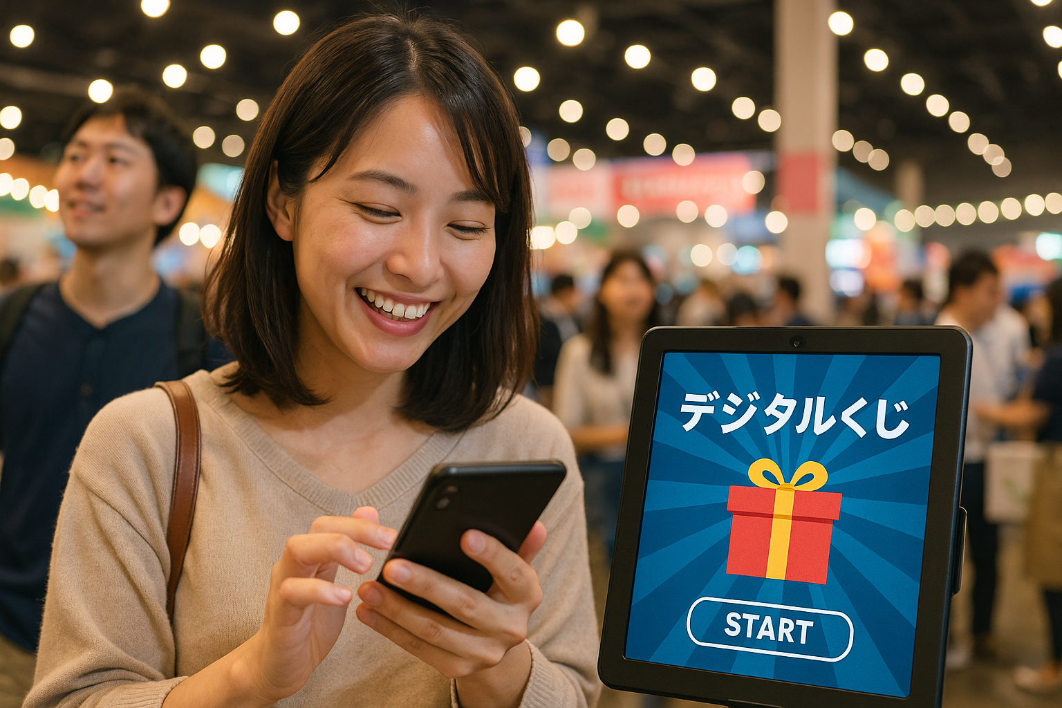 イベント会場で笑顔でスマートフォンを操作しながらデジタルくじを引く参加者の様子