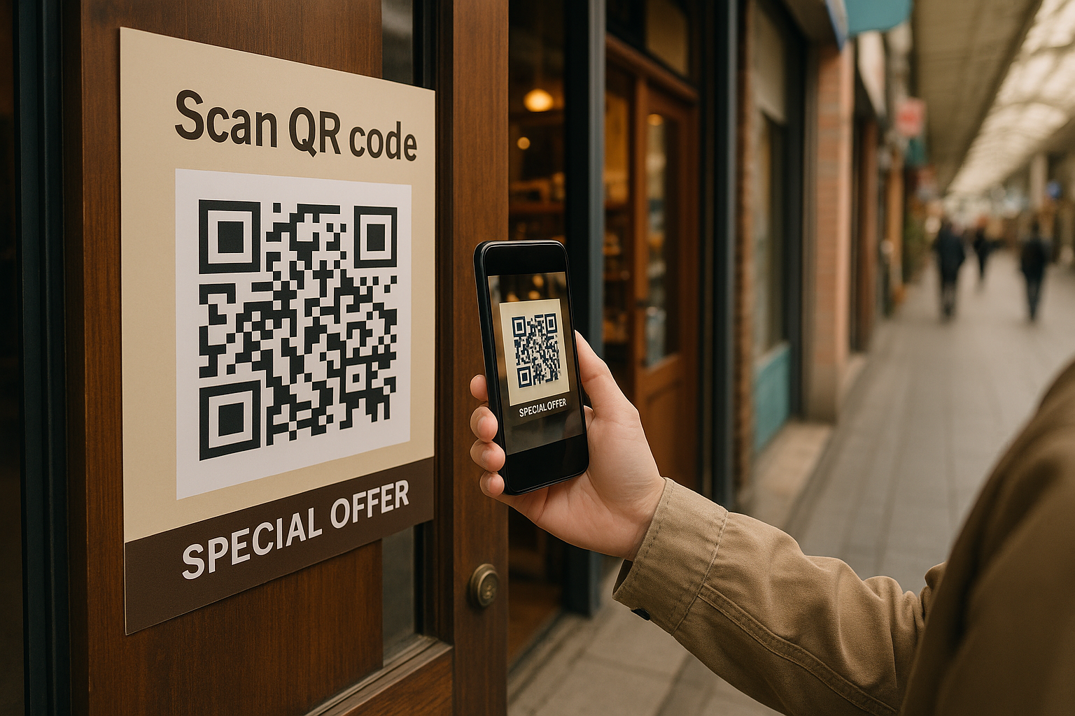 商店街の店舗入口にQRコード付きポスターが掲示され、スマートフォンをかざす来訪者の様子