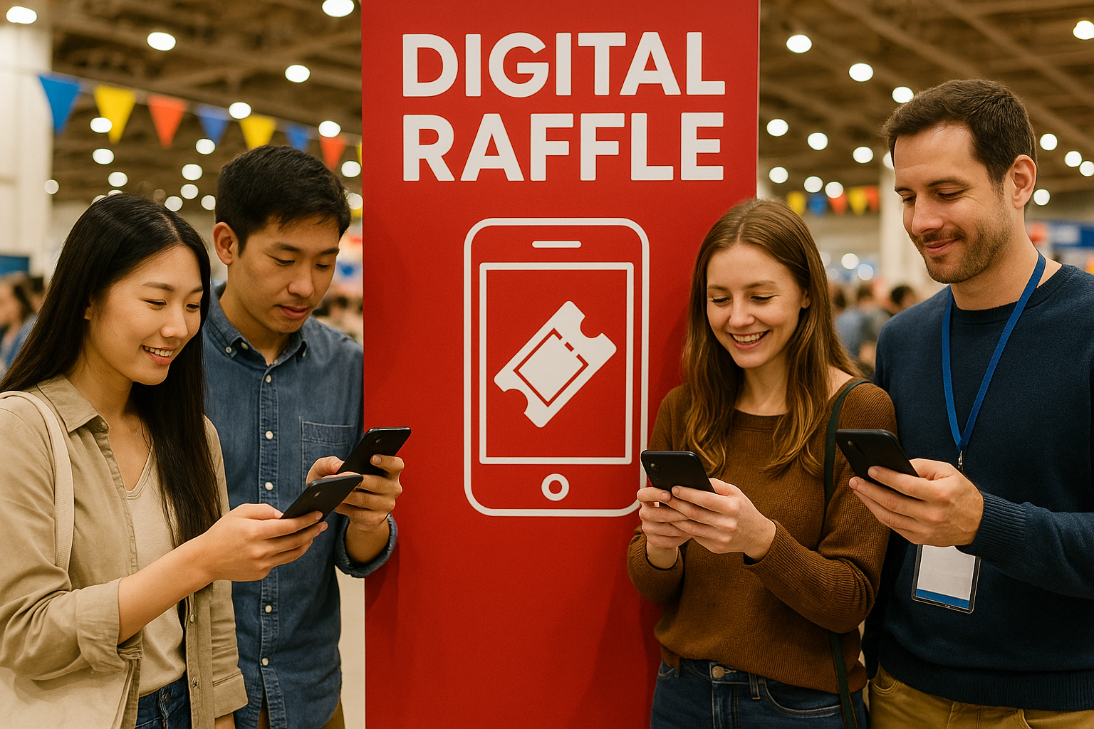 イベント会場でスマートフォンを使って抽選に参加する来場者たち