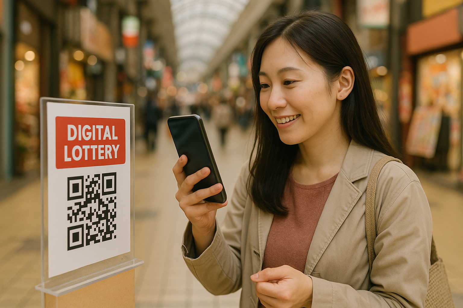 商店街でスマートフォンを使ってQRコードを読み取り、デジタルくじに参加している買い物客の様子