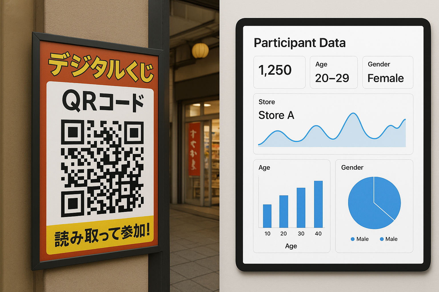 商店街の各店舗に設置されたデジタルくじのQRコードポスターと、参加者データの集計画面イメージ