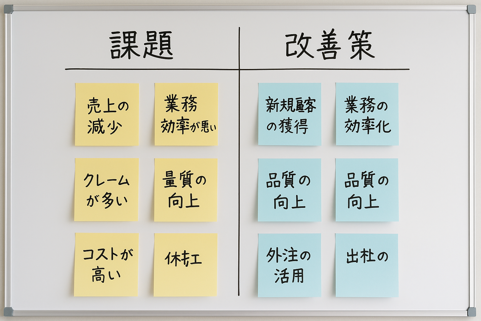 課題と改善策を付箋に書き出してホワイトボードに整理している様子