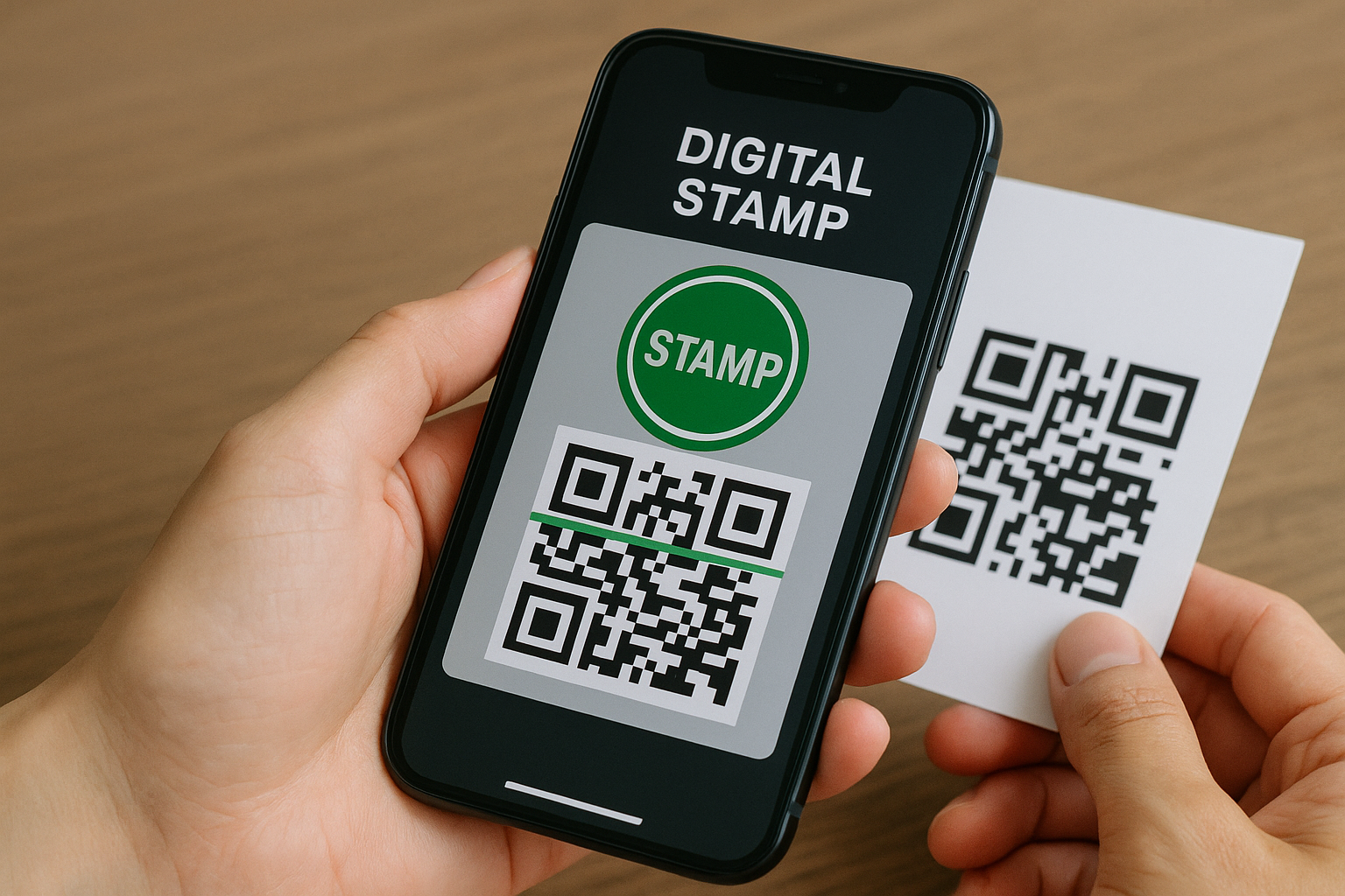 スマートフォンでQRコードを読み取りデジタルスタンプを獲得する参加者の手元のクローズアップ