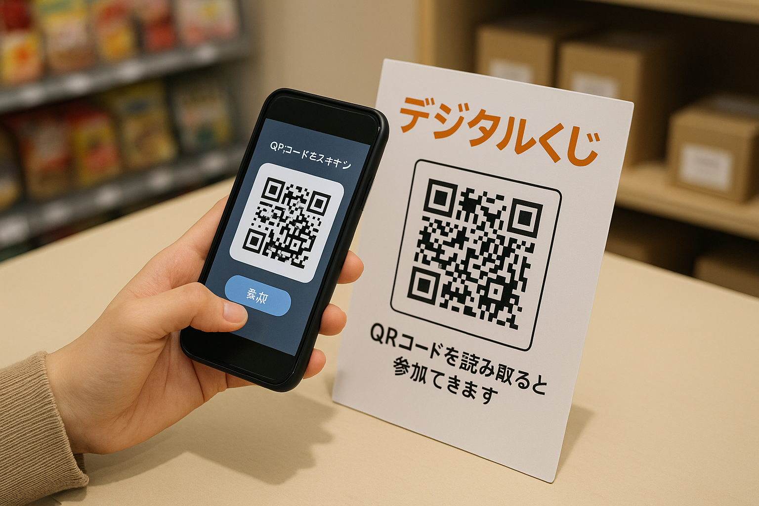 スマートフォンでQRコードを読み取り、デジタルくじに参加する買い物客の手元