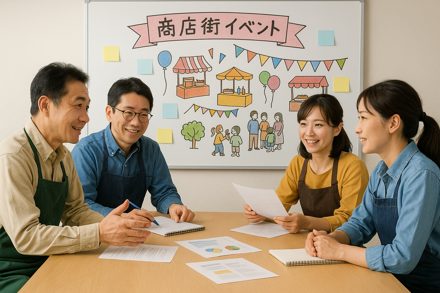 商店街イベントの企画会議で話し合う店主たちの様子