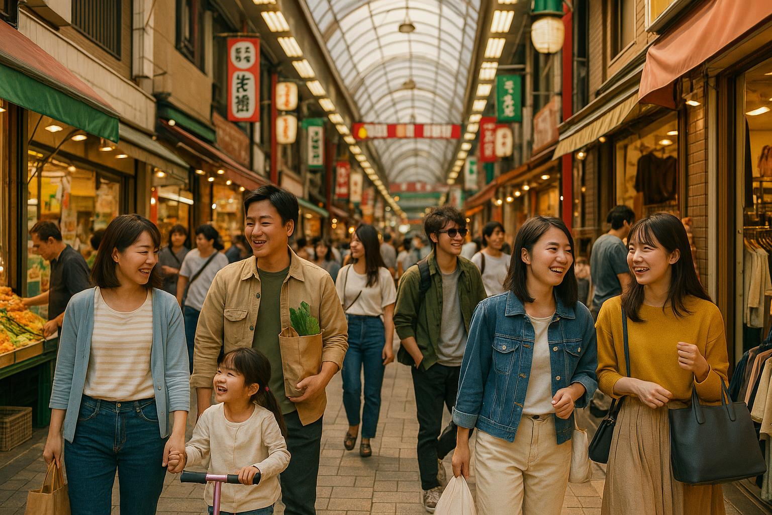 賑わう商店街で買い物を楽しむ家族連れや若者たちの様子