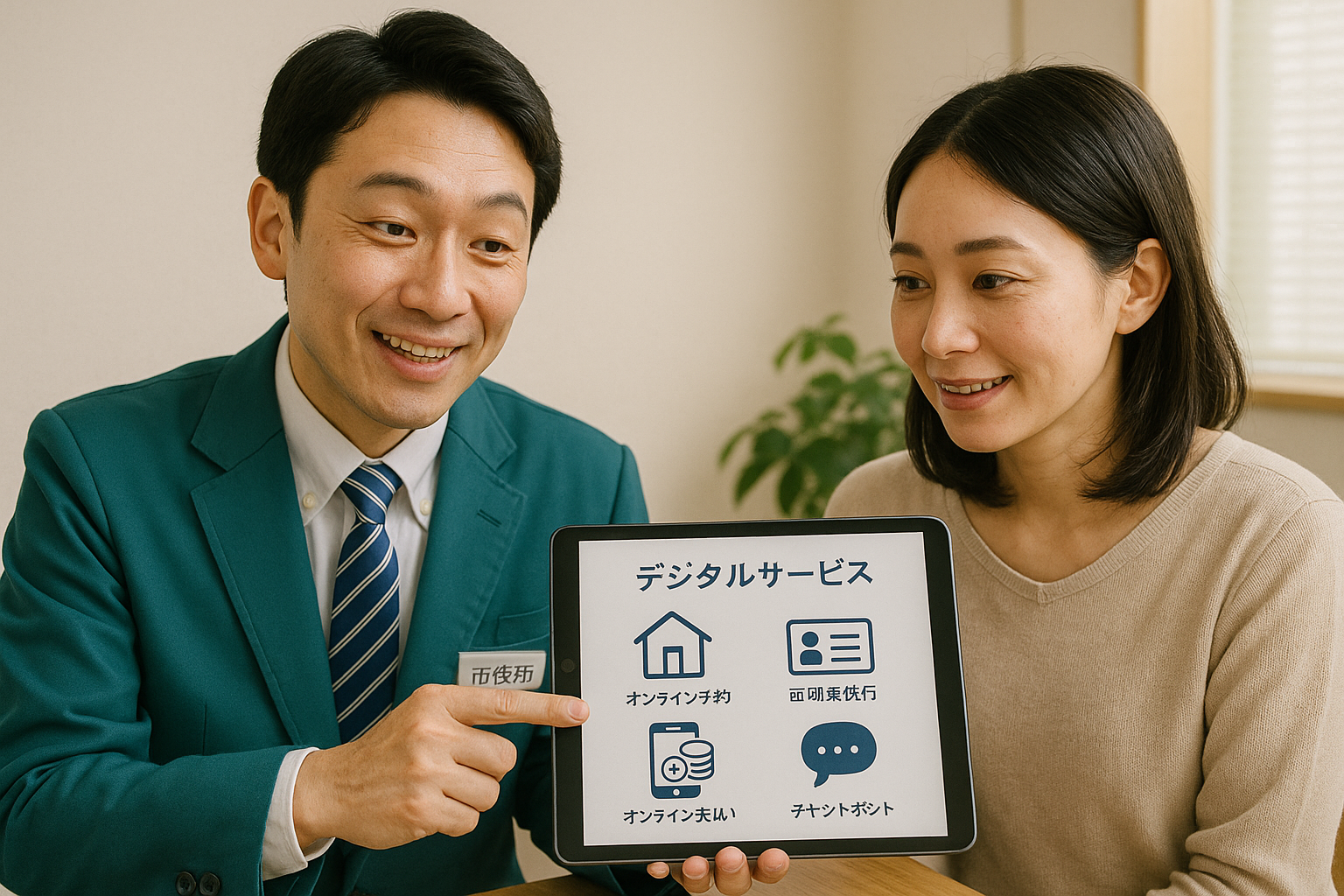 自治体職員がタブレットを使って住民にデジタルサービスの説明をしている様子
