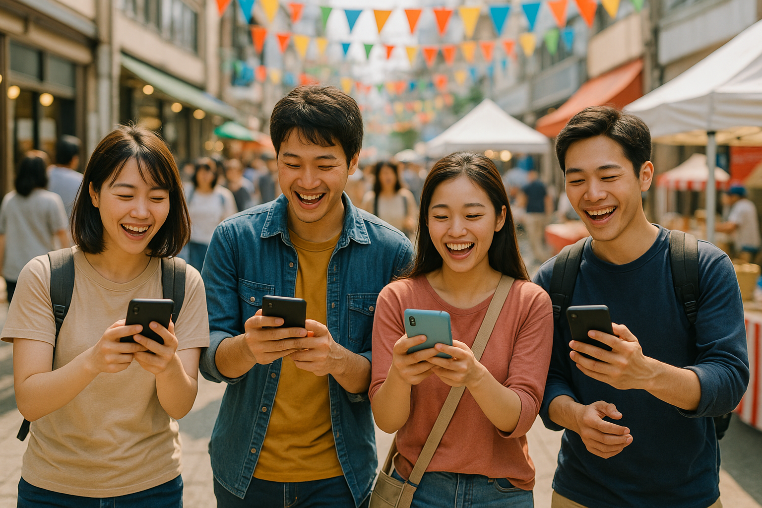 商店街やイベント会場でスマートフォンを手に楽しそうに周遊する参加者たちの様子