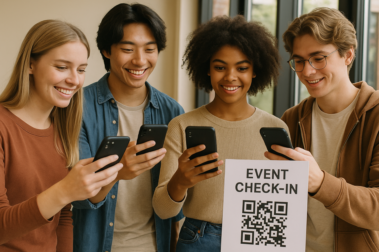 スマートフォンでQRコードを読み取ってイベントに参加している若い世代の参加者たち