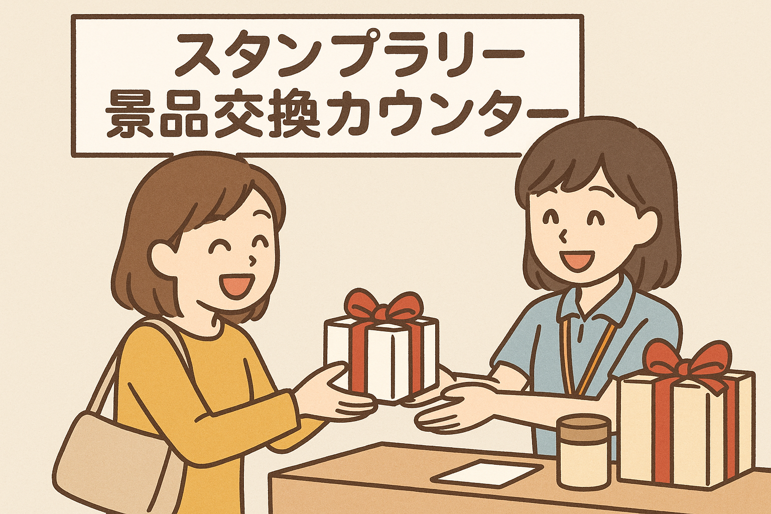スタンプラリーの景品交換カウンターで笑顔で賞品を受け取る参加者と運営スタッフの様子