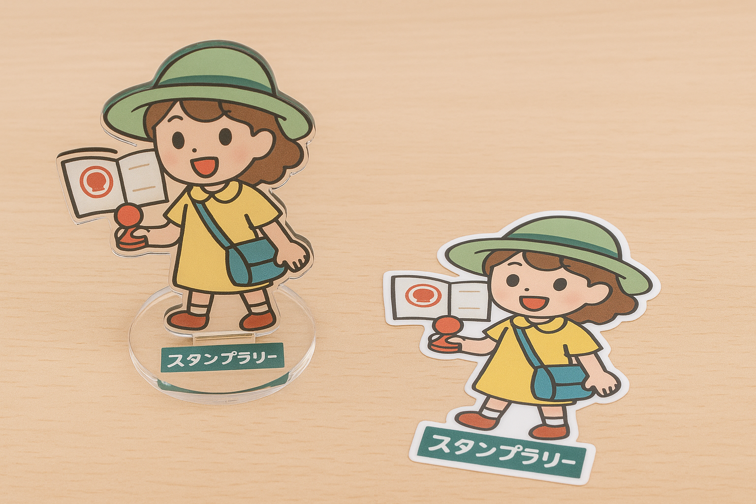 スタンプラリーで使用されるオリジナルデザインのアクリルスタンドとステッカーの実物写真