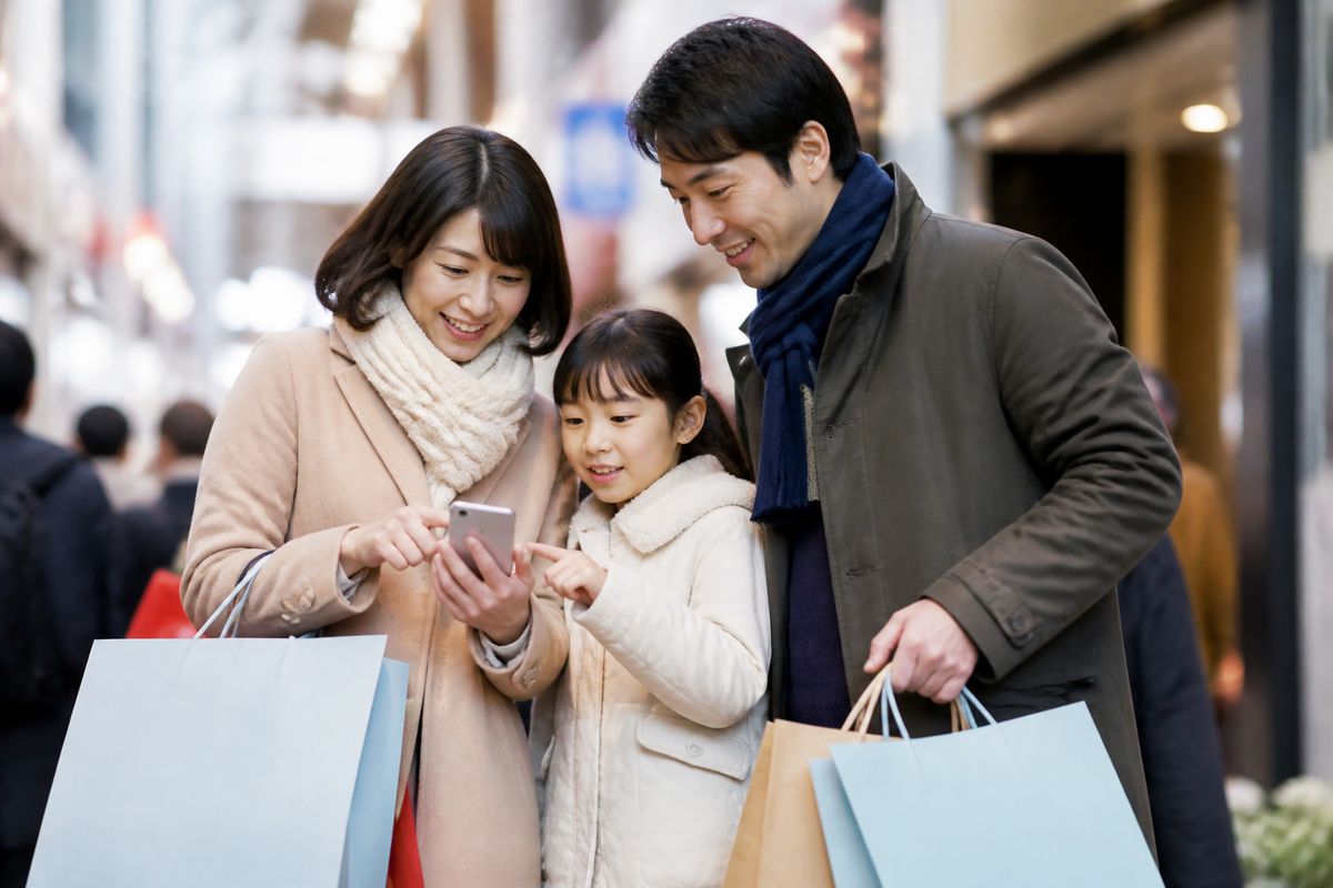 商店街の歳末セールで買い物袋を提げてスマホを操作する家族連れ