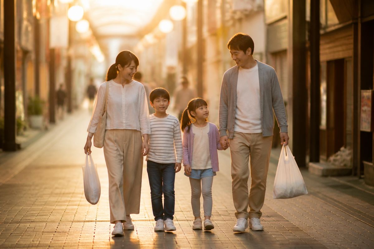 夕暮れの商店街のアーケードで買い物袋を持って歩く親子連れ