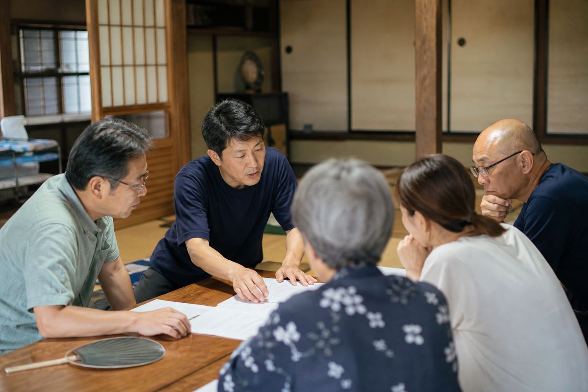 夏祭りの説明会で商店街の店主たちが資料を囲んで話し合う様子