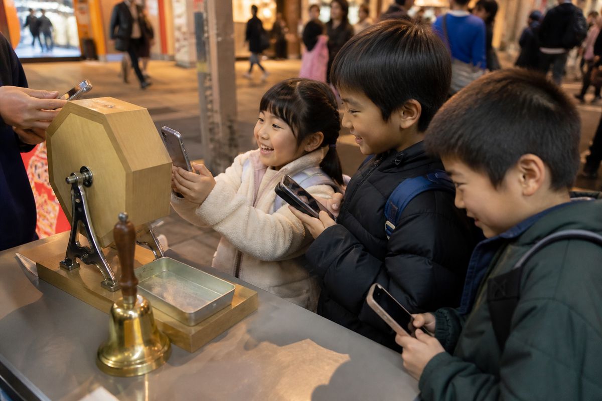 夜の商店街で子どもたちがスマホをかざしてくじを楽しんでいる様子