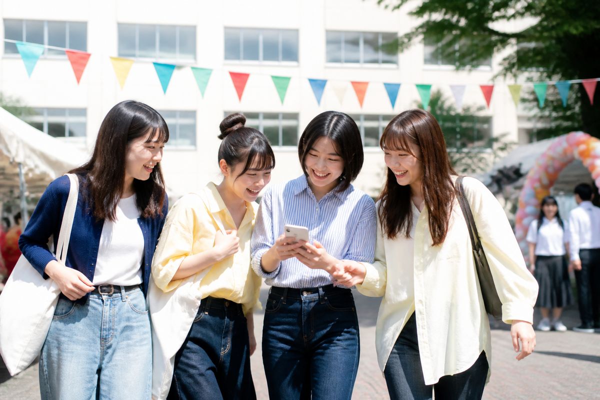学園祭の校舎前で友人同士がスマホを見せ合いながら楽しそうに歩く様子