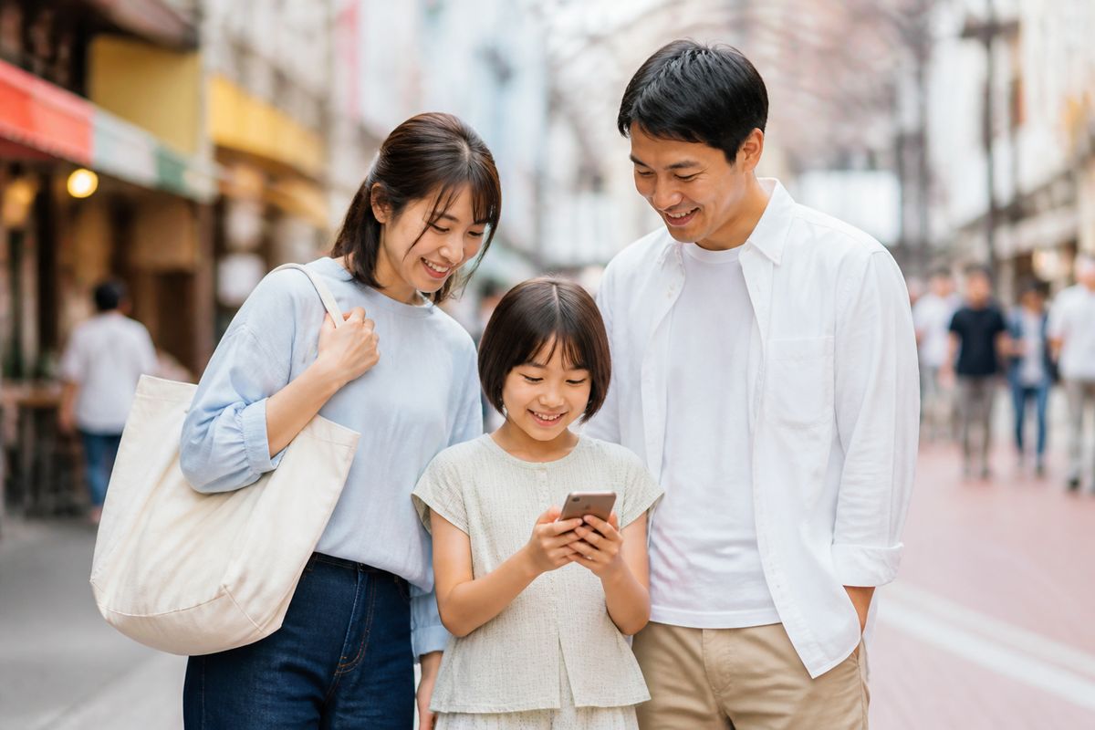 商店街を家族連れが楽しそうに歩きながらスマートフォンを見ている様子