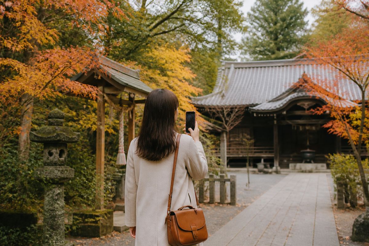 秋の境内を歩きながらスマホをかざす参拝者の後ろ姿