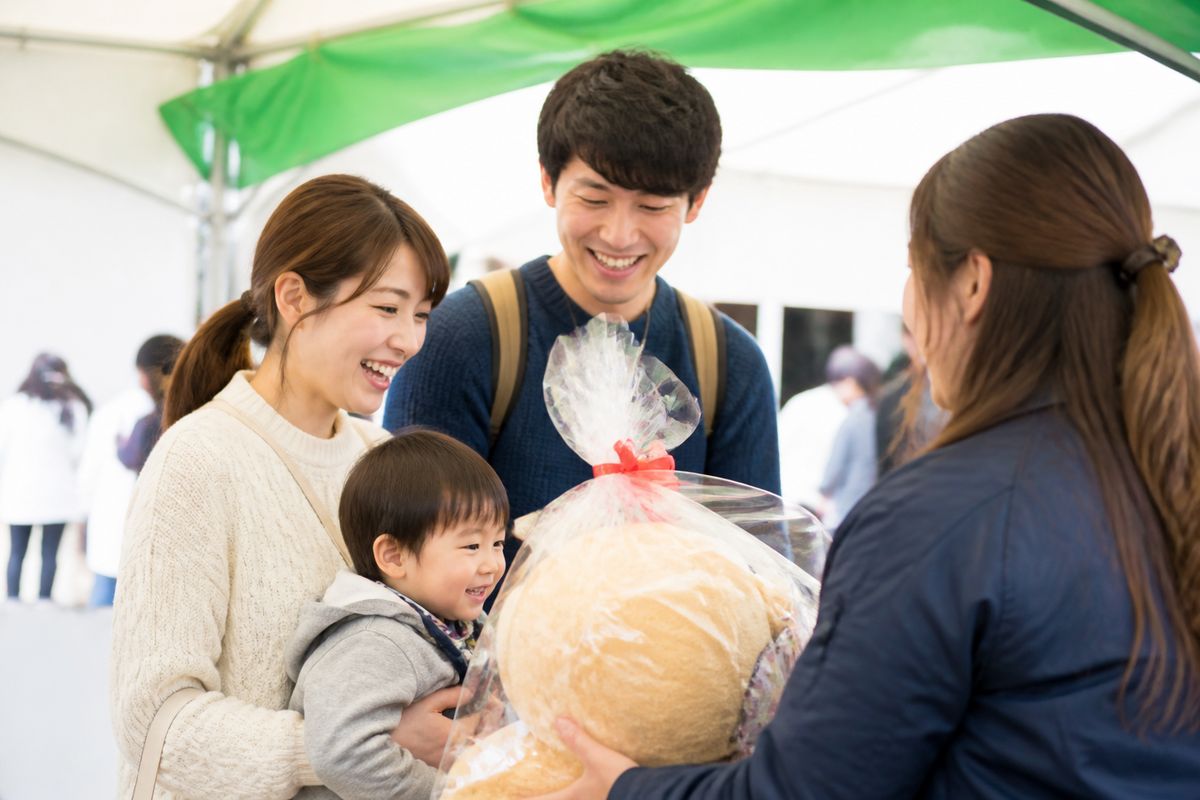 イベント会場で当選景品を受け取り笑顔を見せる家族連れ