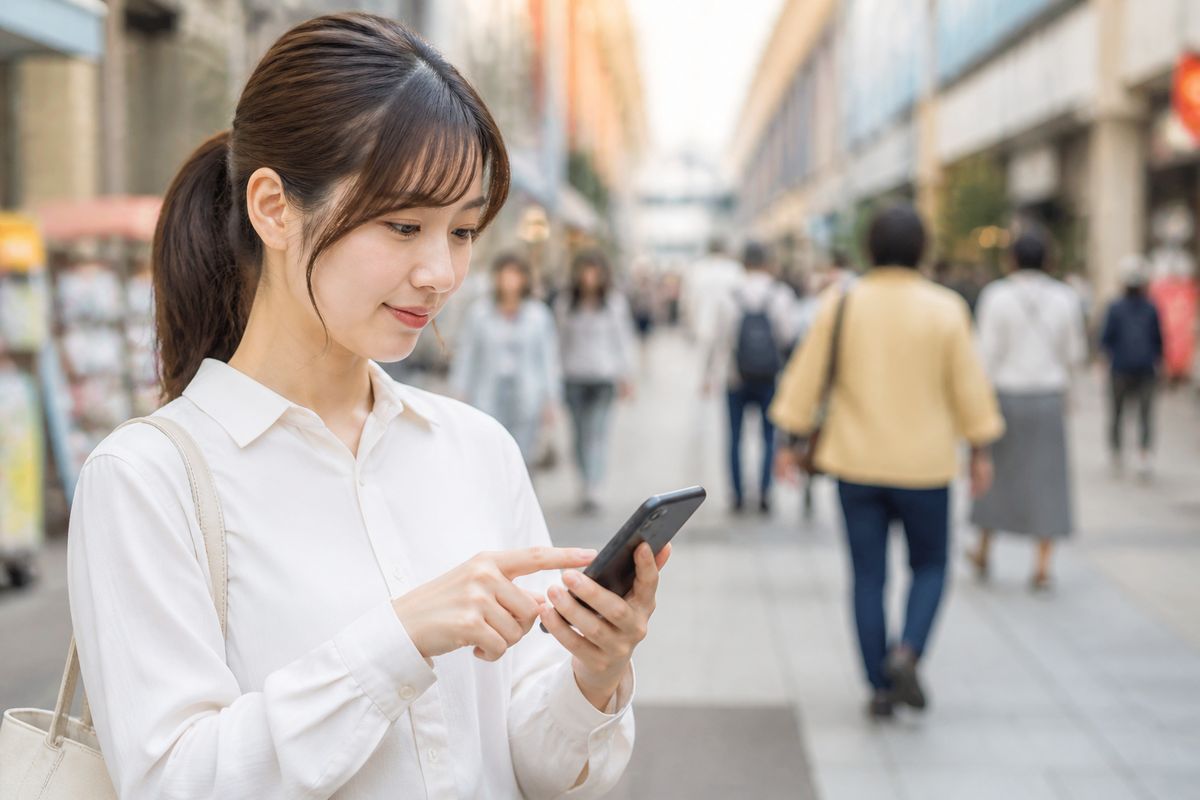 スマートフォンで抽選アプリを操作する商店街の来街者