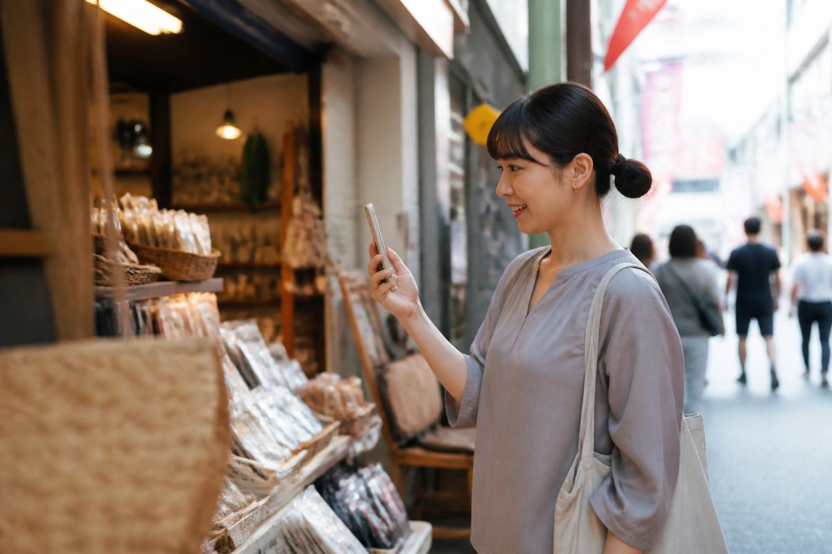 商店街の通りでスマートフォンをかざしながら買い物を楽しむ来街者