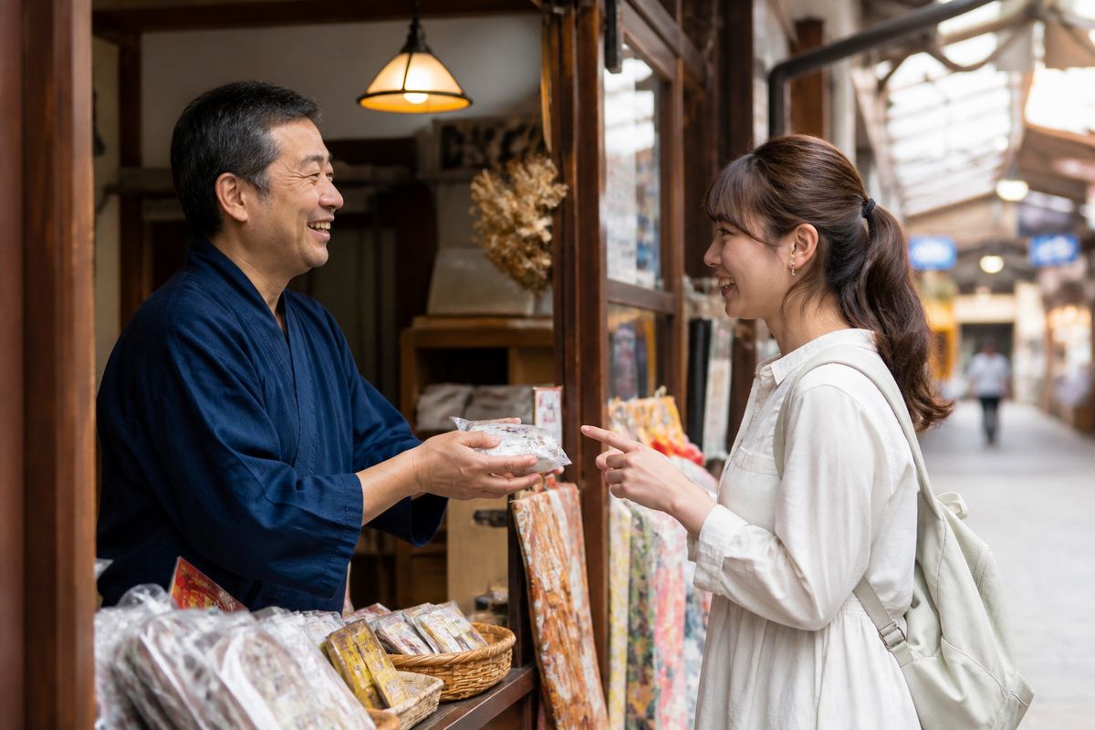 商店街の店先で笑顔を交わす店主と観光客