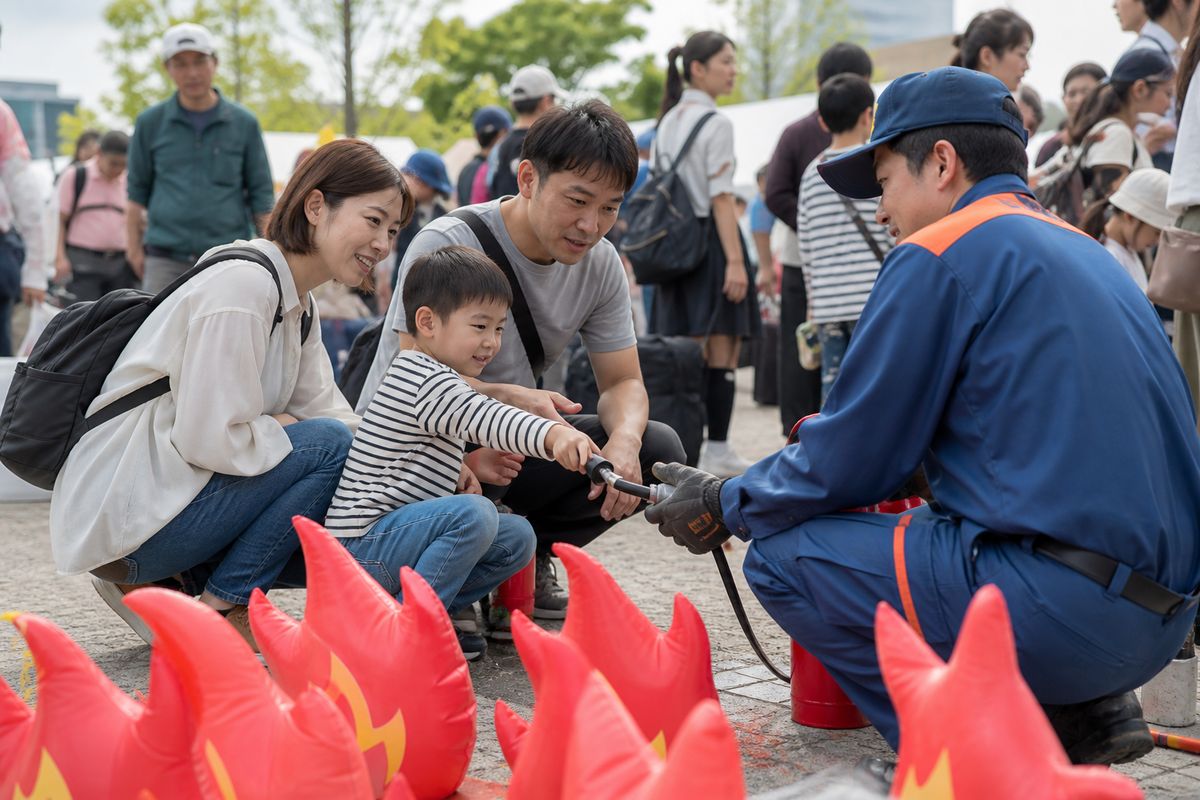 防災フェスの会場で親子が体験ブースを回っている様子