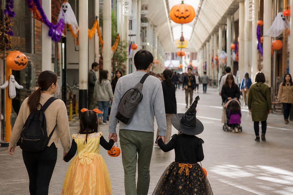 ハロウィンの装飾が施された商店街を仮装した子どもと家族連れが歩く様子