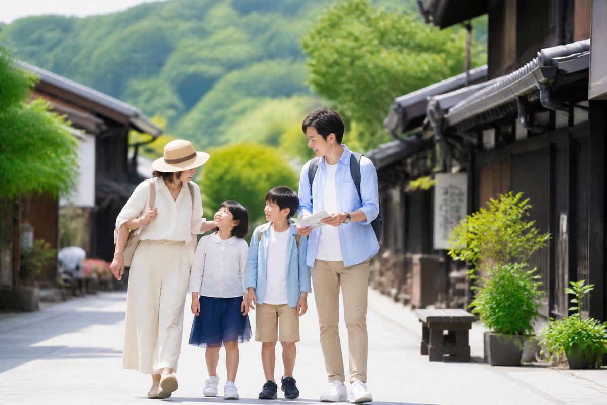 地方の観光地で地図を見ながら歩く家族連れ