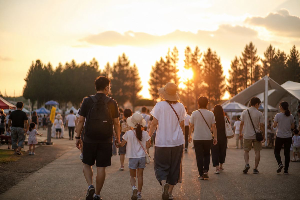 夕暮れの屋外イベント会場を家族連れが歩いている様子