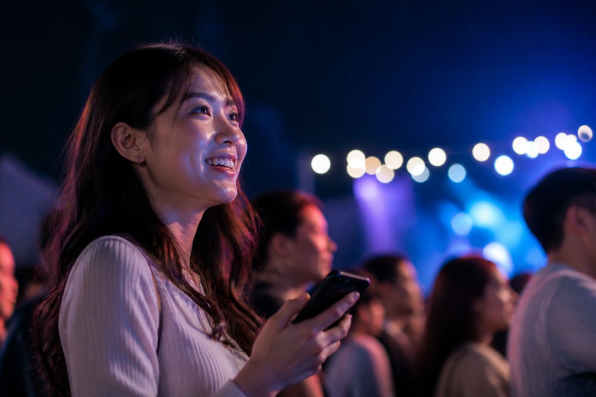 夜のイベント会場でスマホを片手に楽しむ来場者